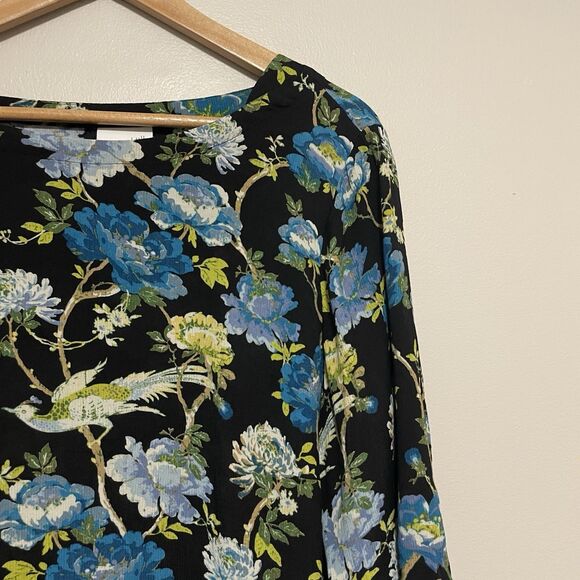 J. Jill Chinoiserie Floral Tunic Blouse 2X Crepe Asian Inspired Black Bow Sleeve - Picture 2 of 12